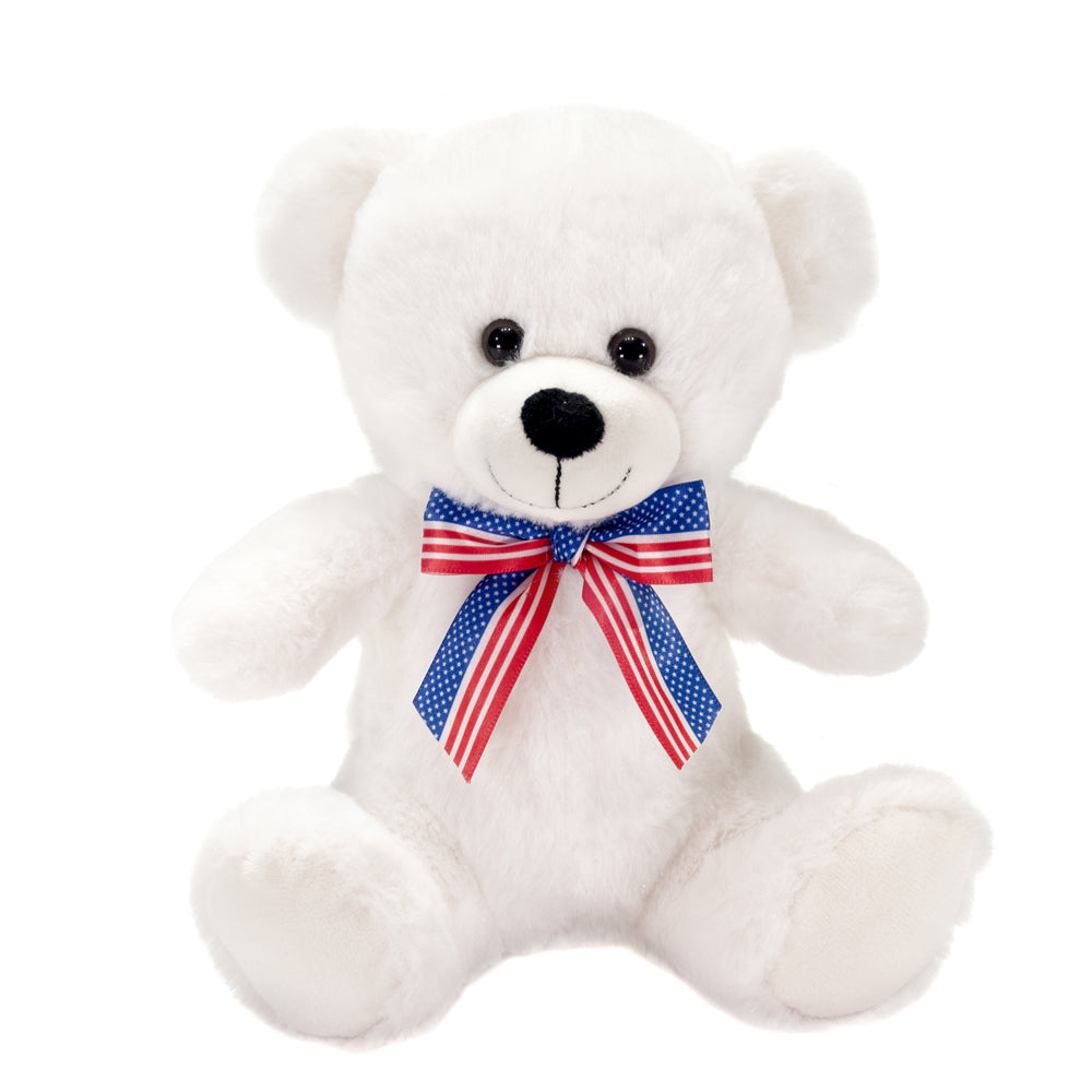 8IN SITTING WHITE BEAR WITH AMERICAN FLAG RIBBON