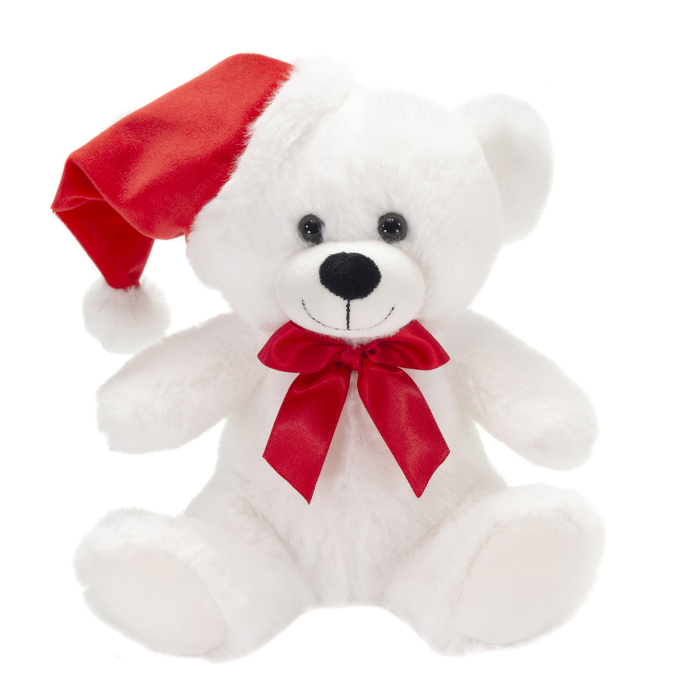 8IN SITTING WHITE BEAR WITH HAT AND RED RIBBON