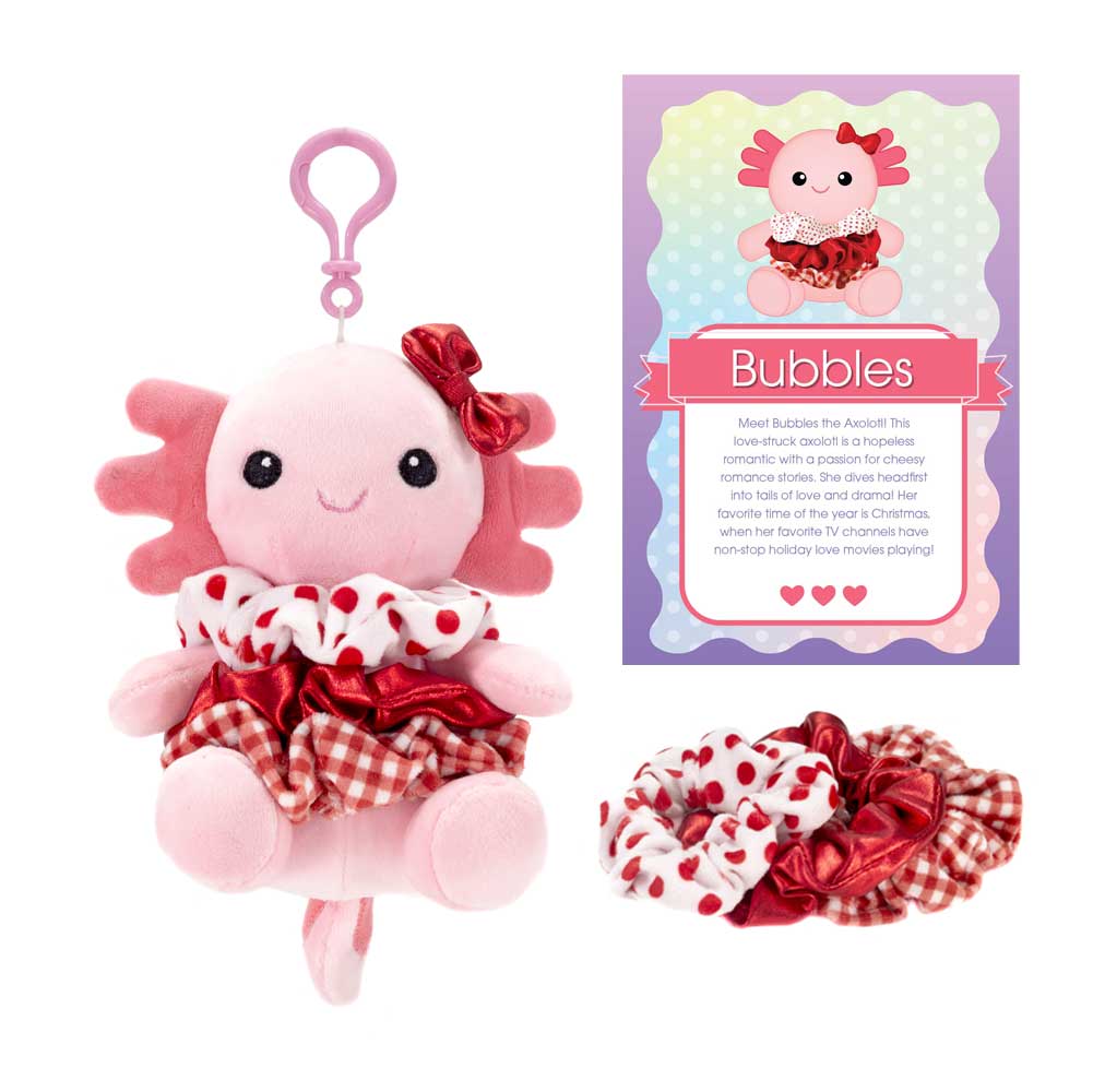 SCRUNCH BUNCH - 6IN AXOLOTL KEYCLIP WITH 3 ASST. SCRUNCHIES - Fiesta Toy