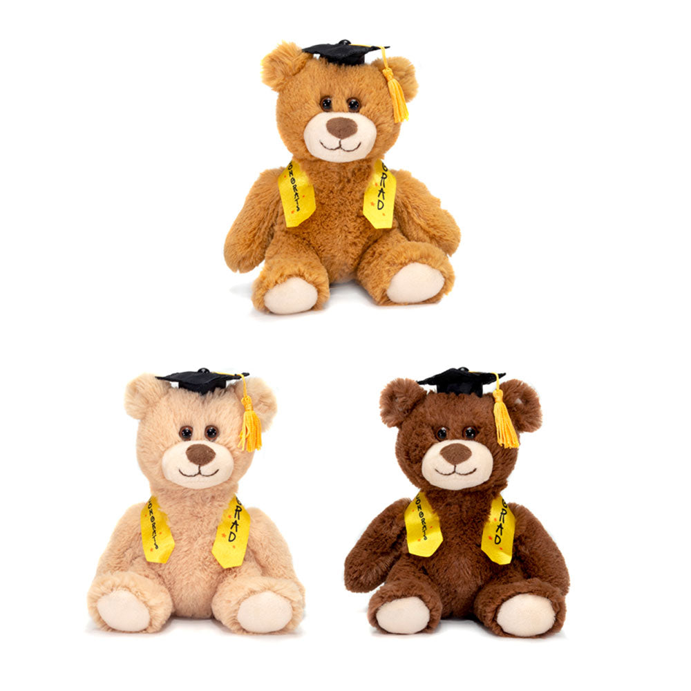 6.5IN 3 ASST. SITTING GRAD BEARS WITH SASH - BEIGE, BROWN OR TAN