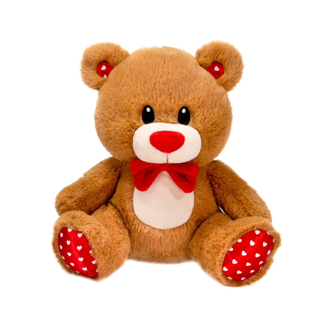 9.5IN LT BROWN BEAR WITH RED BOW AND HEARTS PRINT ON SOLE