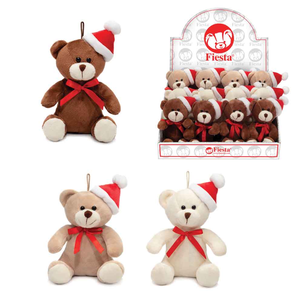 5.5IN 3 ASST. SITTING BEARS WITH RIBBON AND XMAS HAT AND HANGING LOOP IN PDQ